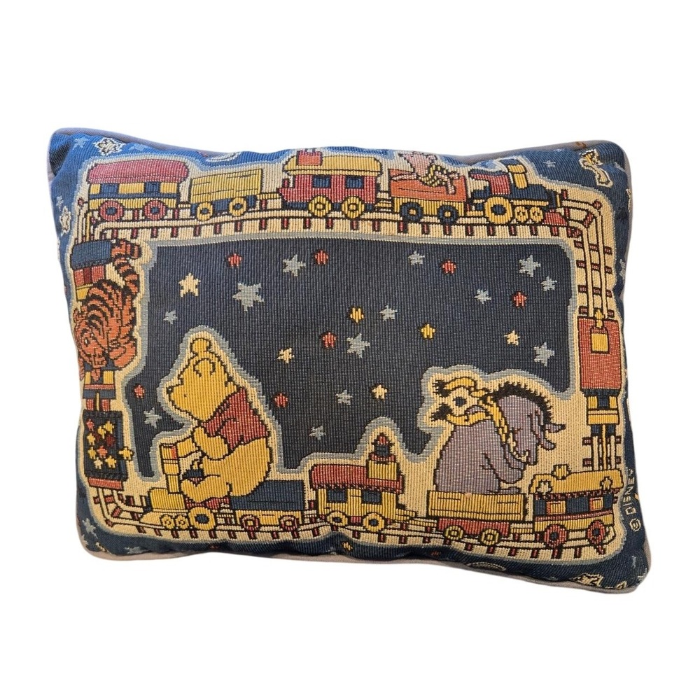 Vintage‎ Disney Winnie The Pooh Tapestry Pillow Train Scene, Handsewn